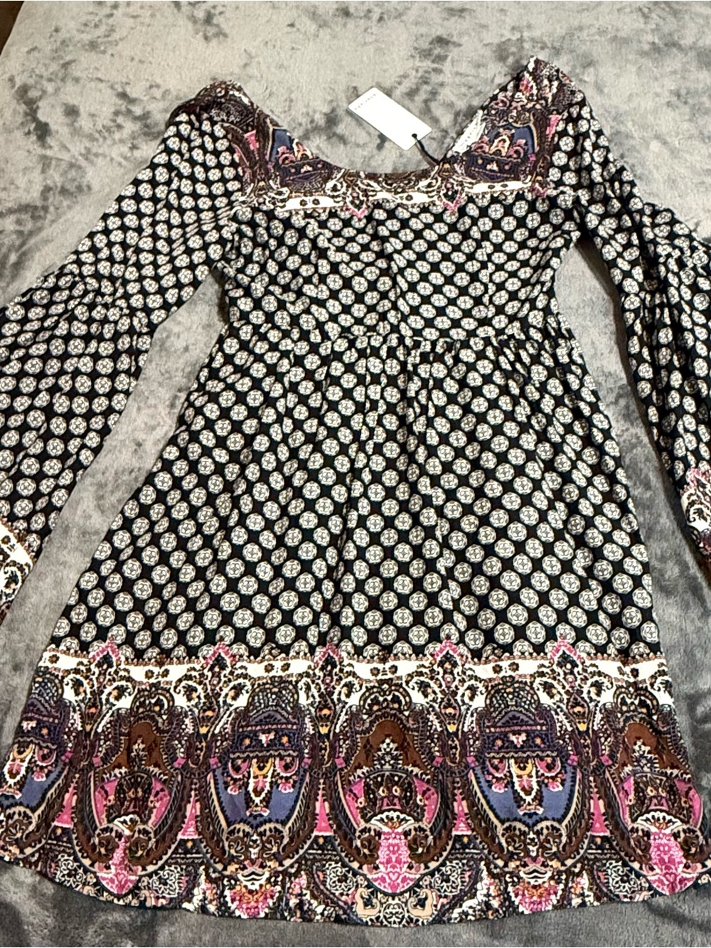 Love Riche Black Long-Sleeve Boho Dress with Pink & Brown Border